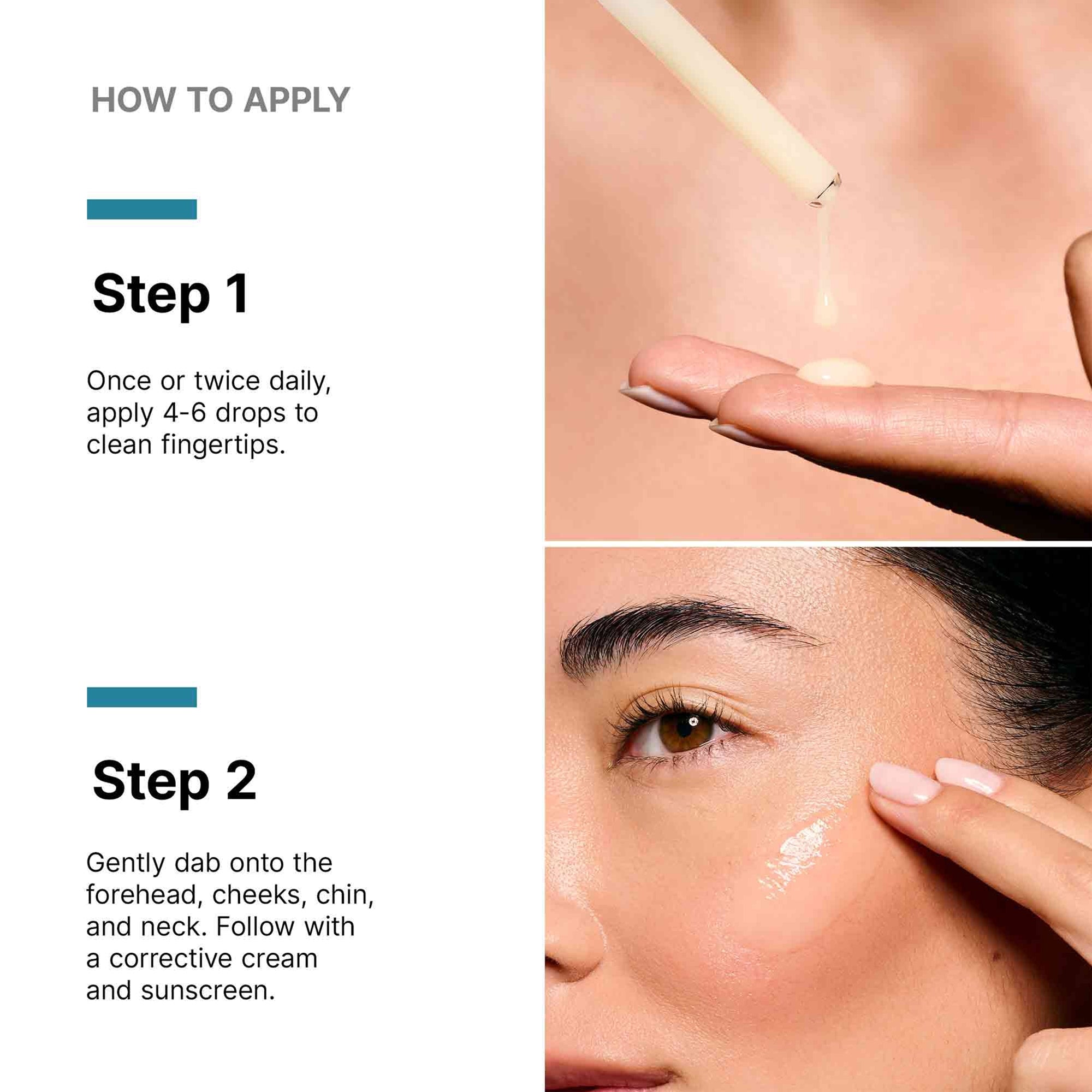 Instructions on how to apply a skincare product with close-up of application on skin.