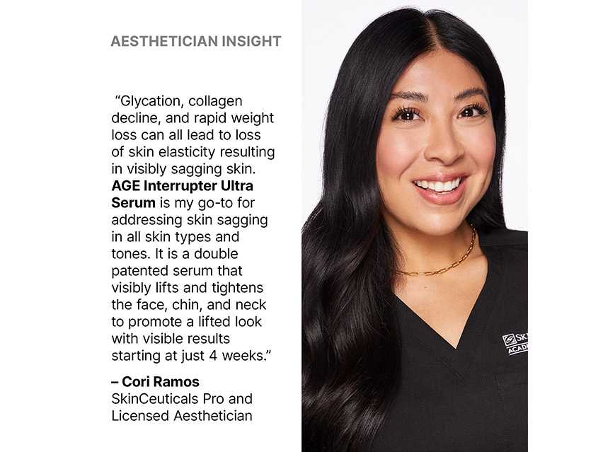 Woman with long black hair wearing a black shirt with a logo, text about skincare serum on a white background