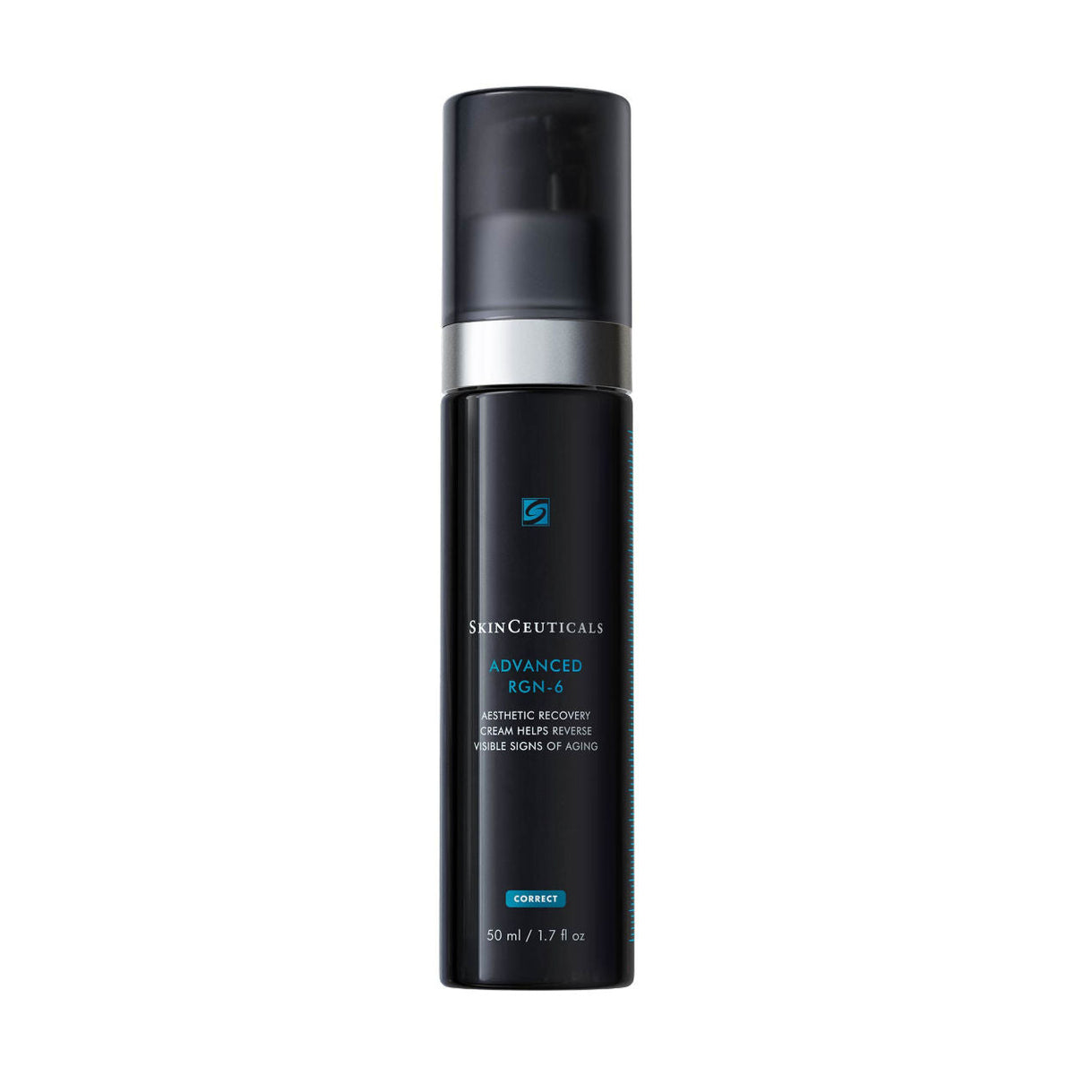 Black skincare bottle with silver cap on a white background