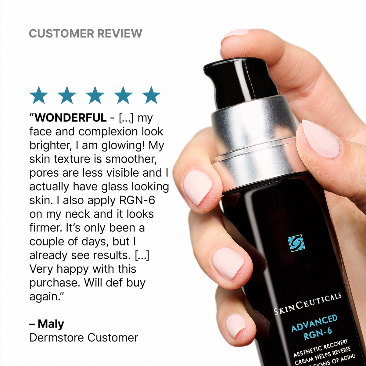 Hand holding a SkinCeuticals Advanced RGN-6 skincare product with a customer review on a white background