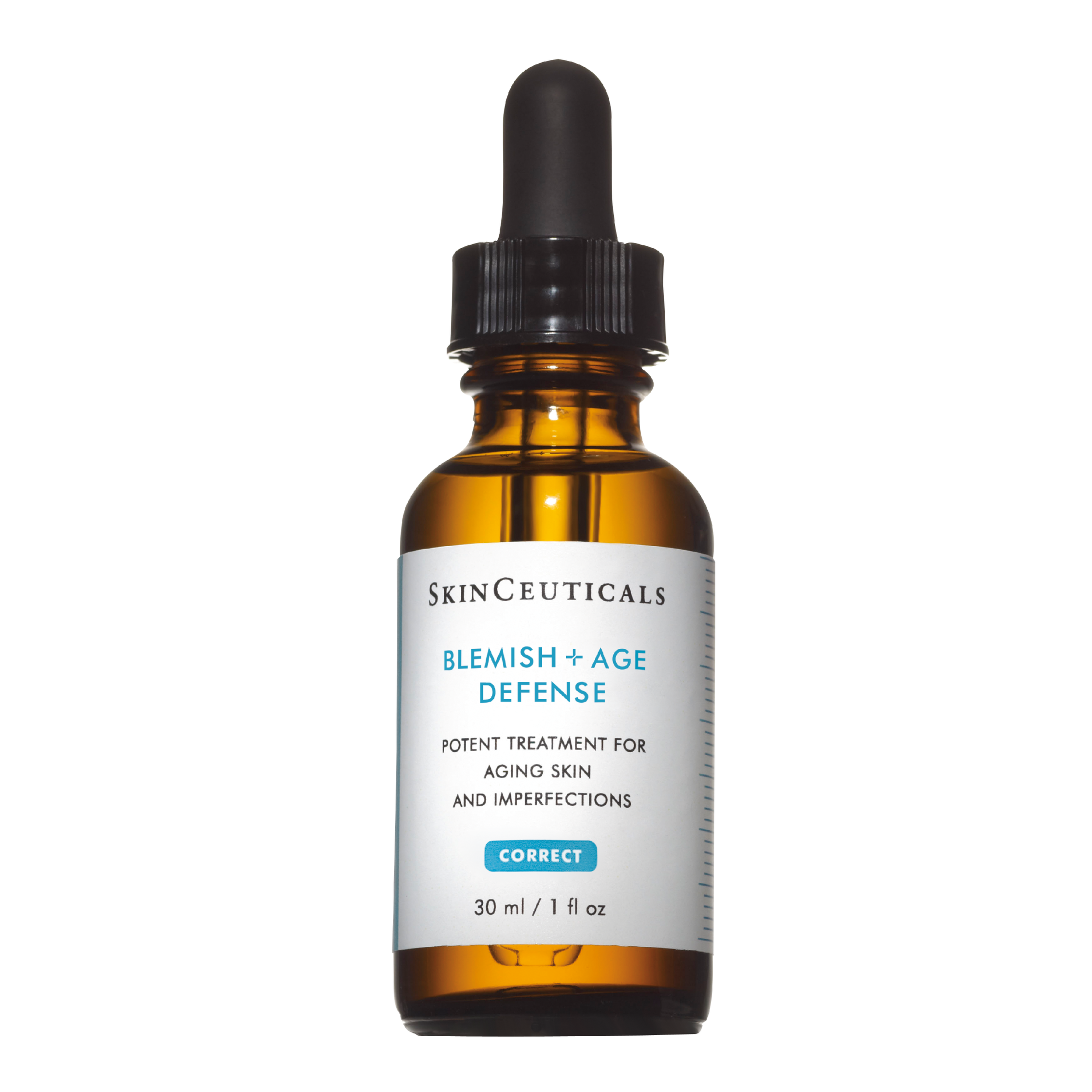 SkinCeuticals Blemish + Age Defense skincare dropper bottle on a white background