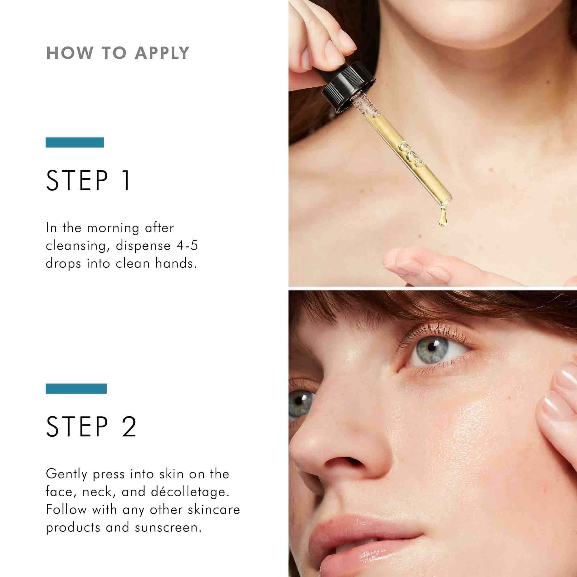 Instructions on how to apply a skincare product with close-up images of application.