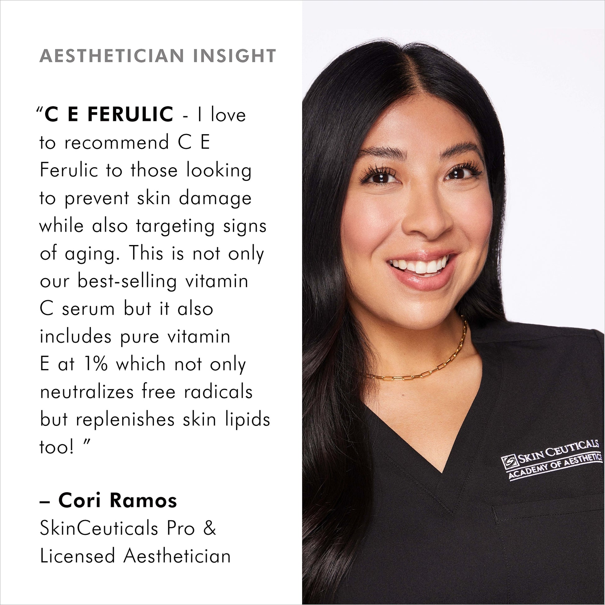 Woman in a black shirt with a SkinCeuticals logo, text about C E Ferulic serum, and Cori Ramos' quote.