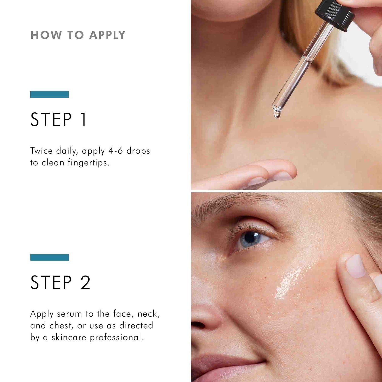 Instructions on how to apply a skincare serum with close-up shots of application.