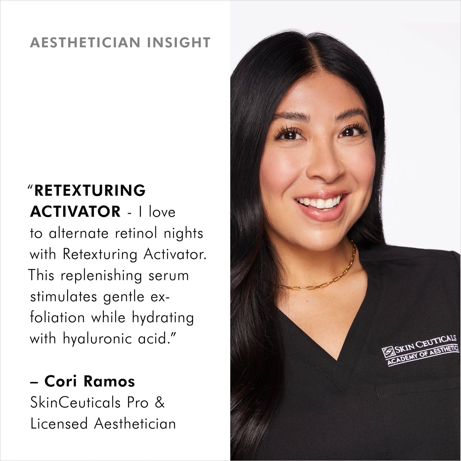 Woman in a black shirt with a SkinCeuticals logo, text about retexturing activator, and Cori Ramos' quote.