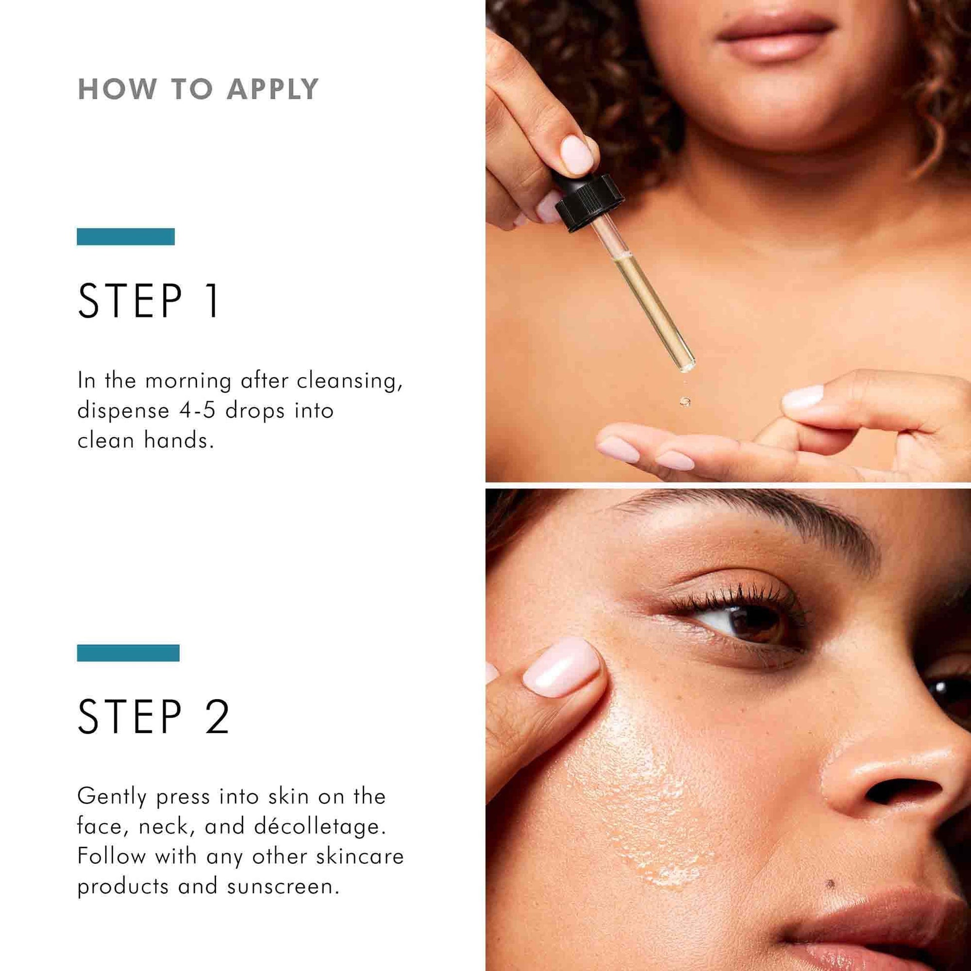 Instructions on how to apply skincare product with close-up of application.