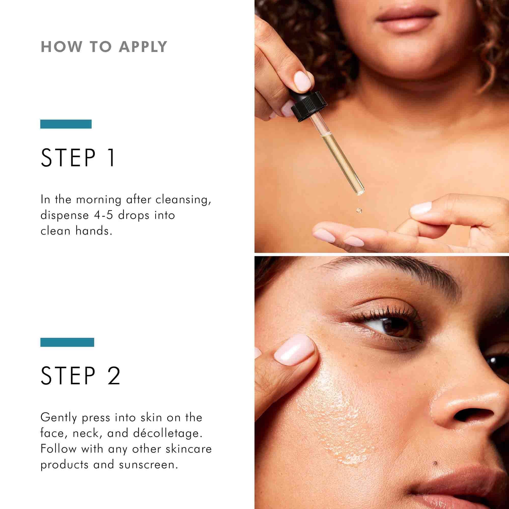 Instructions on how to apply skincare product with close-up of application.