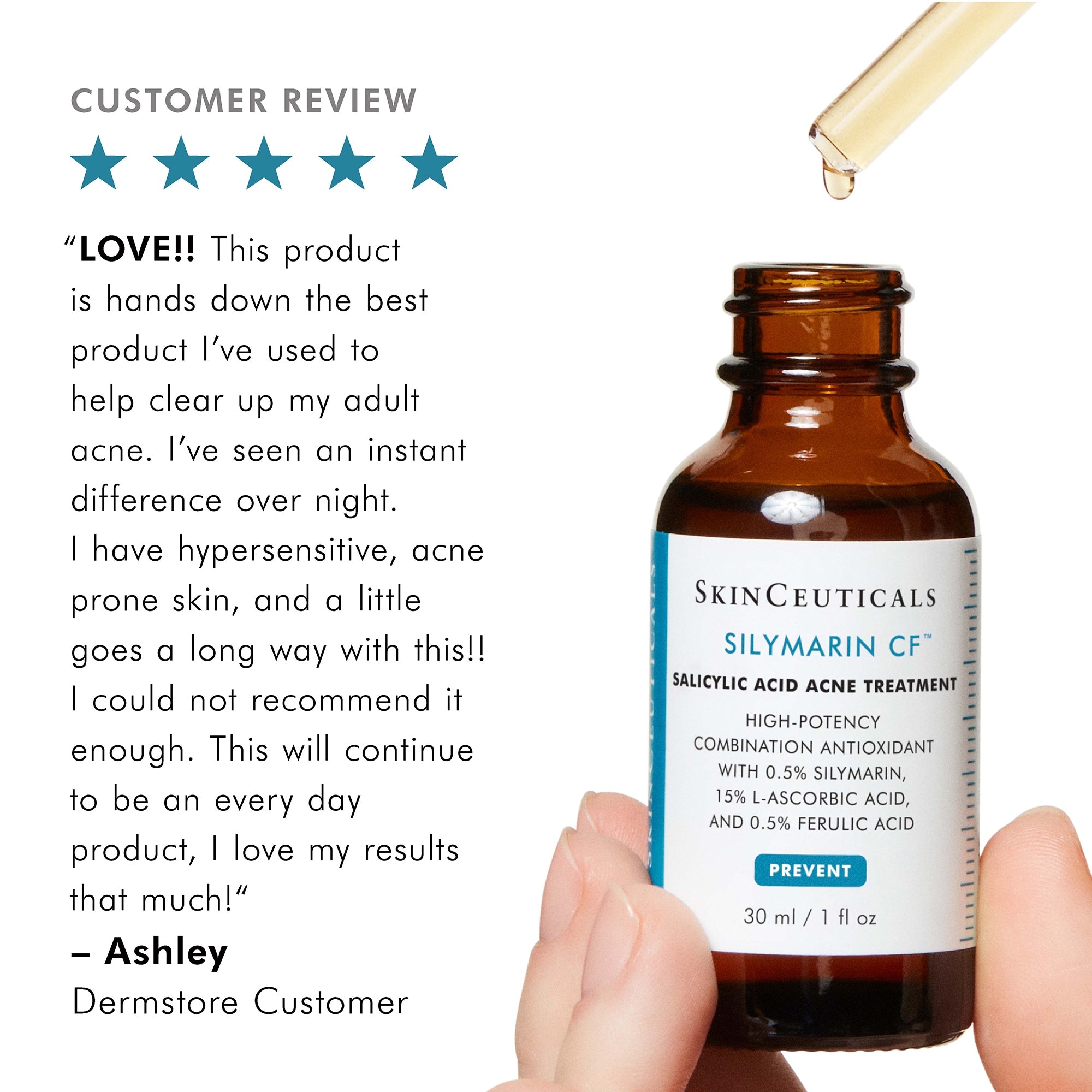 SkinCeuticals Silymarin CF bottle with a customer review on a white background
