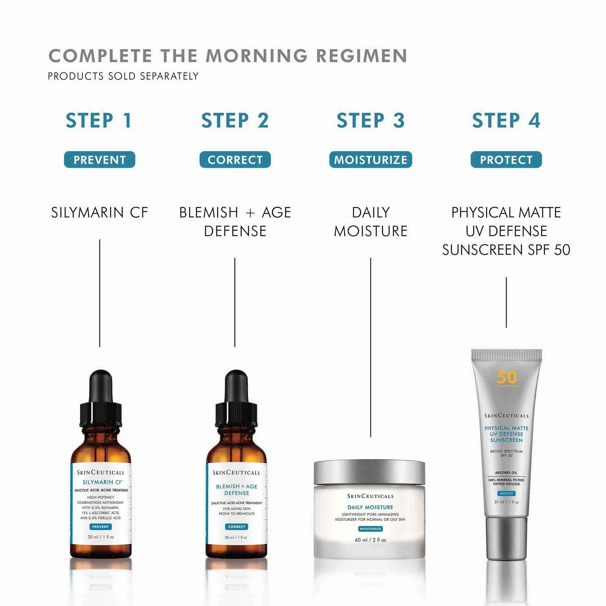 SkinCeuticals skincare products with step-by-step regimen on a white background
