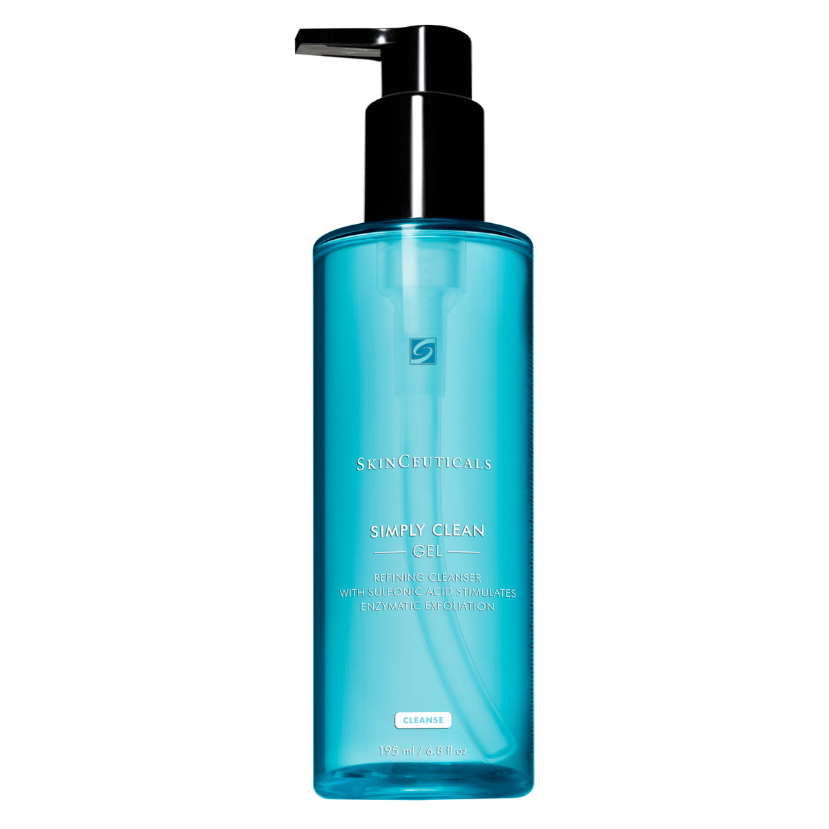 Blue bottle of SkinCeuticals Simply Clean Gel on a white background