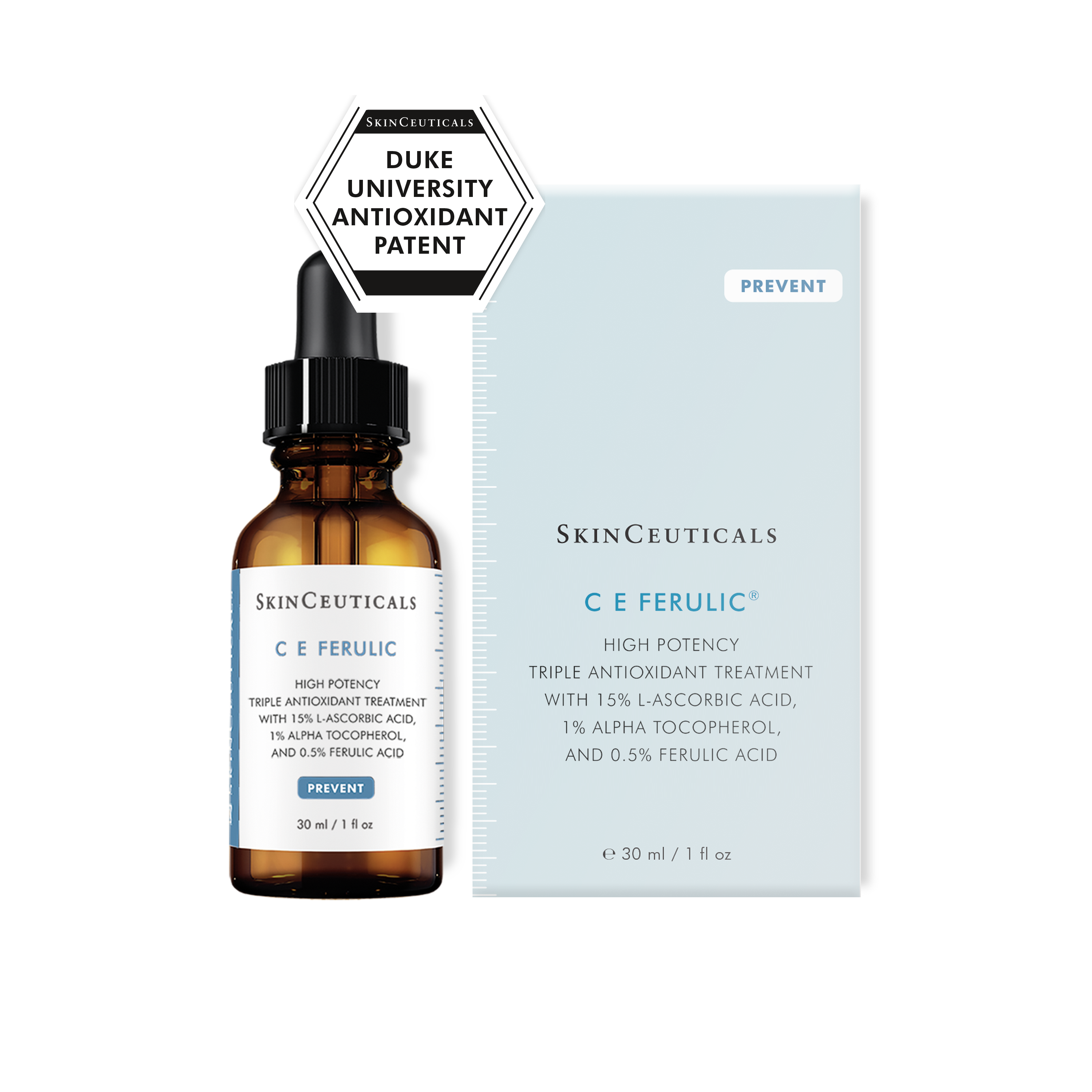 SkinCeuticals C E Ferulic skincare serum with dropper and packaging on a white background