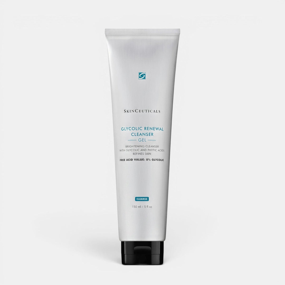 A tube of SkinCeuticals Glycolic Renewal Cleanser Gel, featuring a white squeeze tube with a black cap, set against a clean, light gray background.