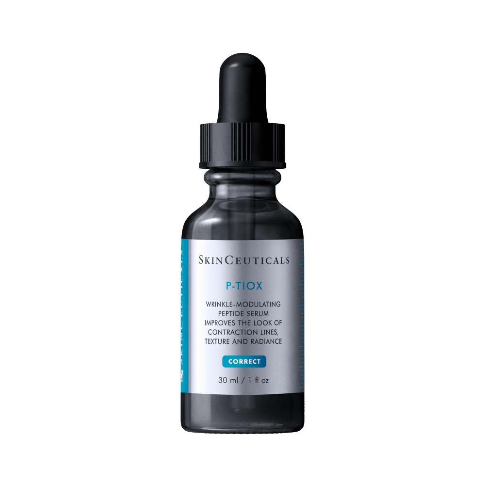 SkinCeuticals P-TOX serum bottle on a green background