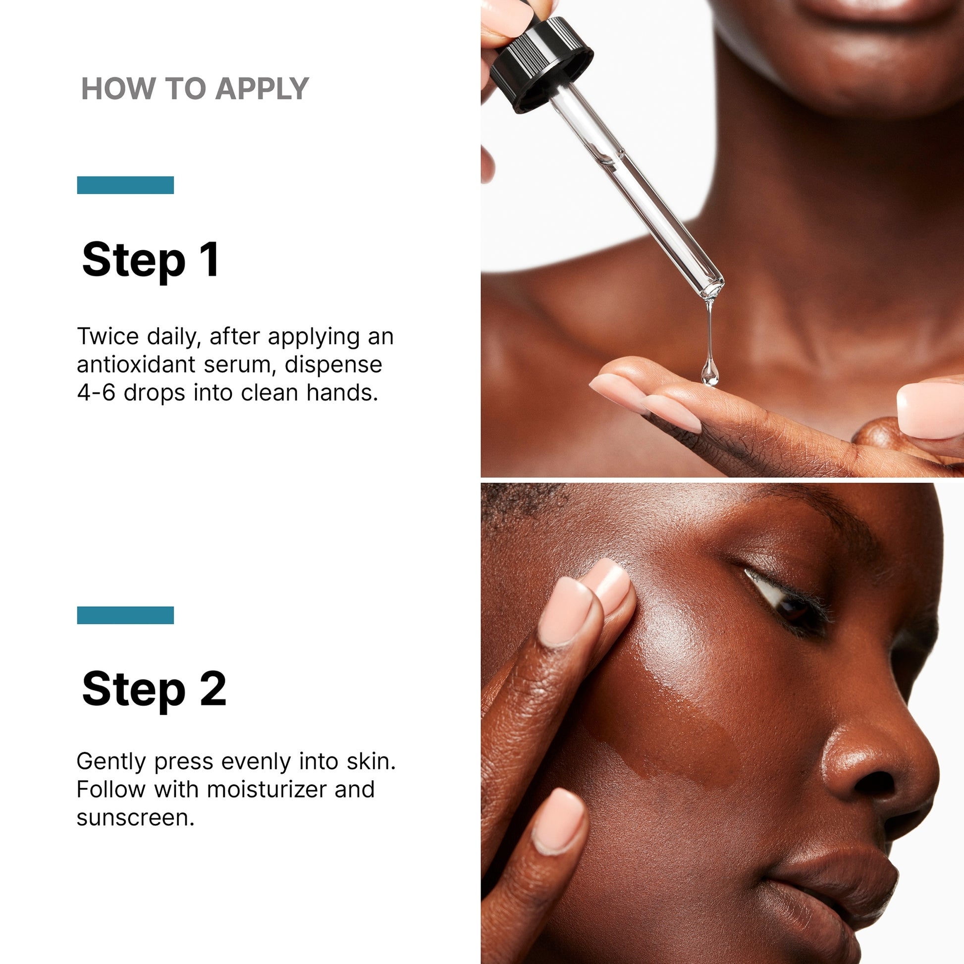 Instructions on how to apply a skincare product with close-up images of hands and face.