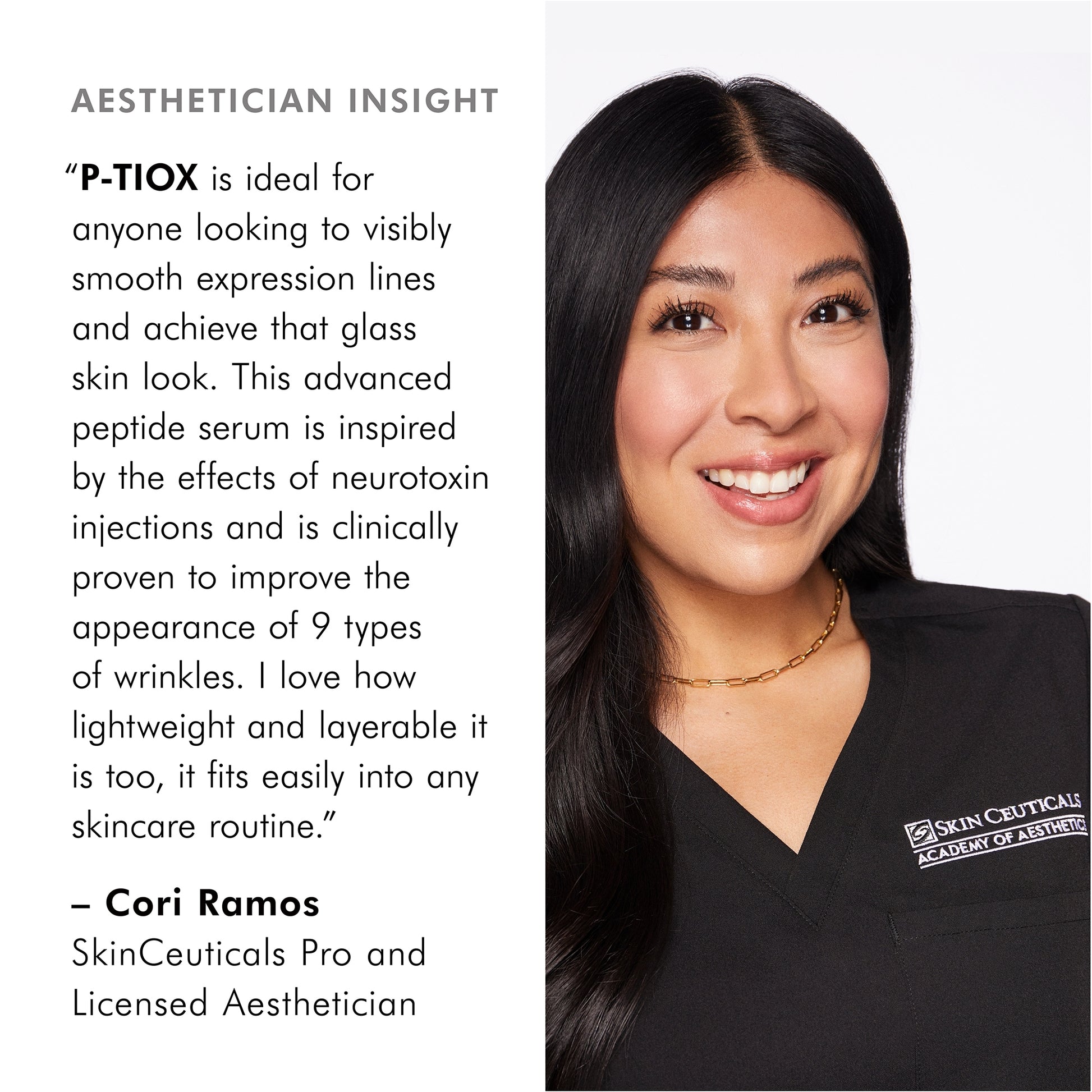 Woman in a black shirt with a SkinCeuticals logo, text about P-TIOX serum, and Cori Ramos' testimonial.