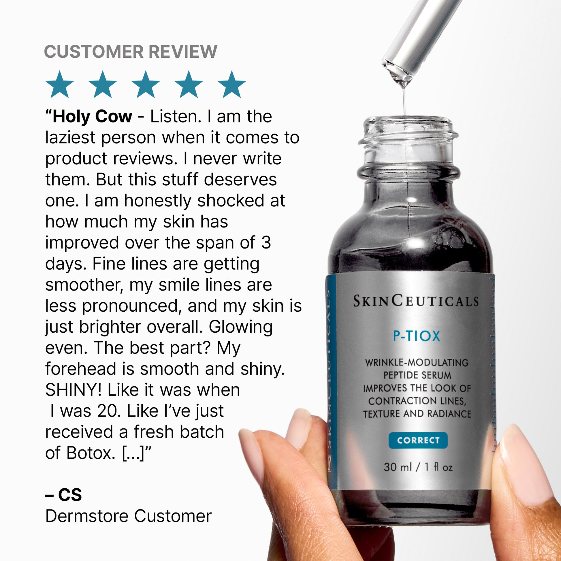 SkinCeuticals P-TIOX serum bottle with a customer review on a white background