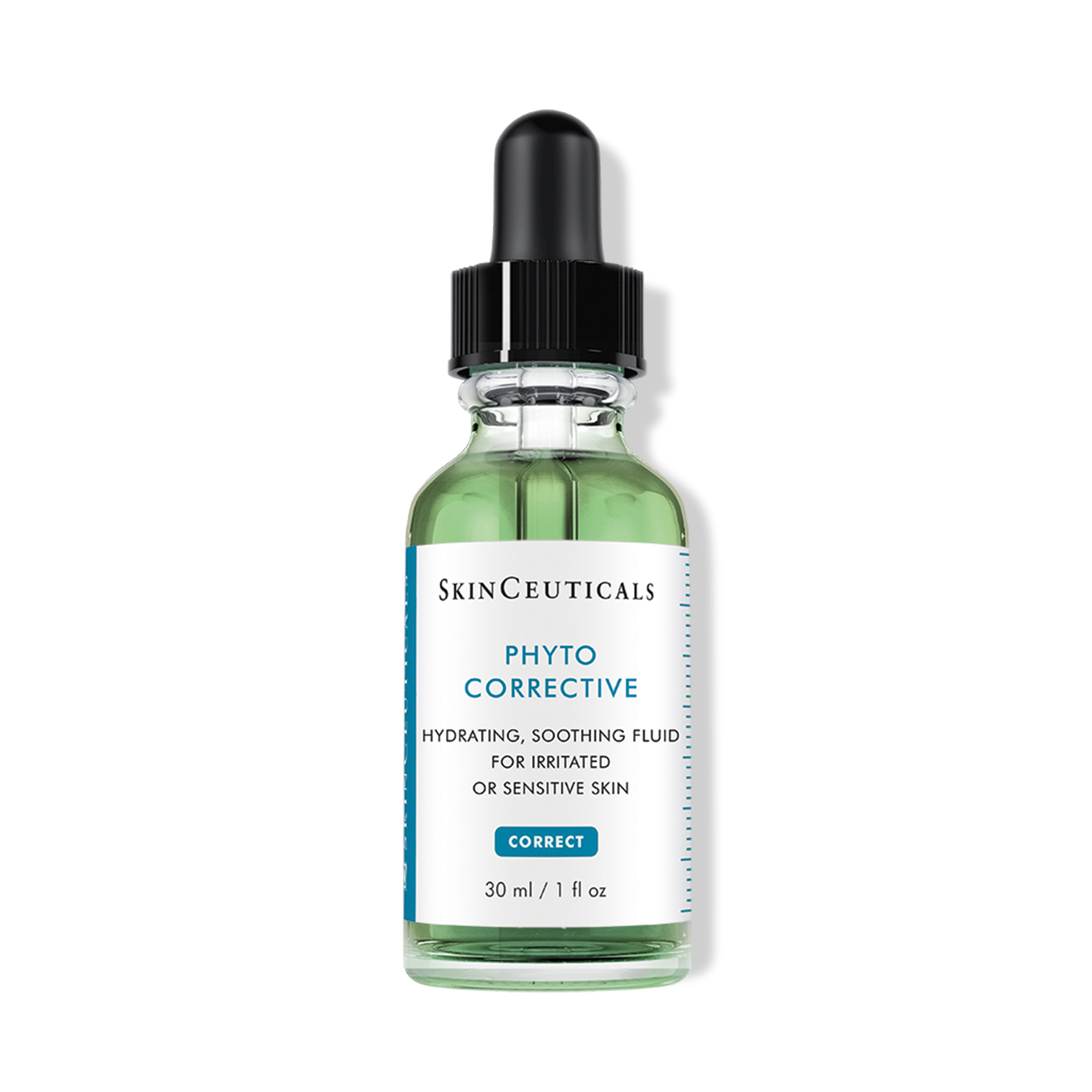 A bottle of SkinCeuticals Phyto Corrective gel-serum with a dropper, labeled for soothing fluid for irritated or sensitive skin.