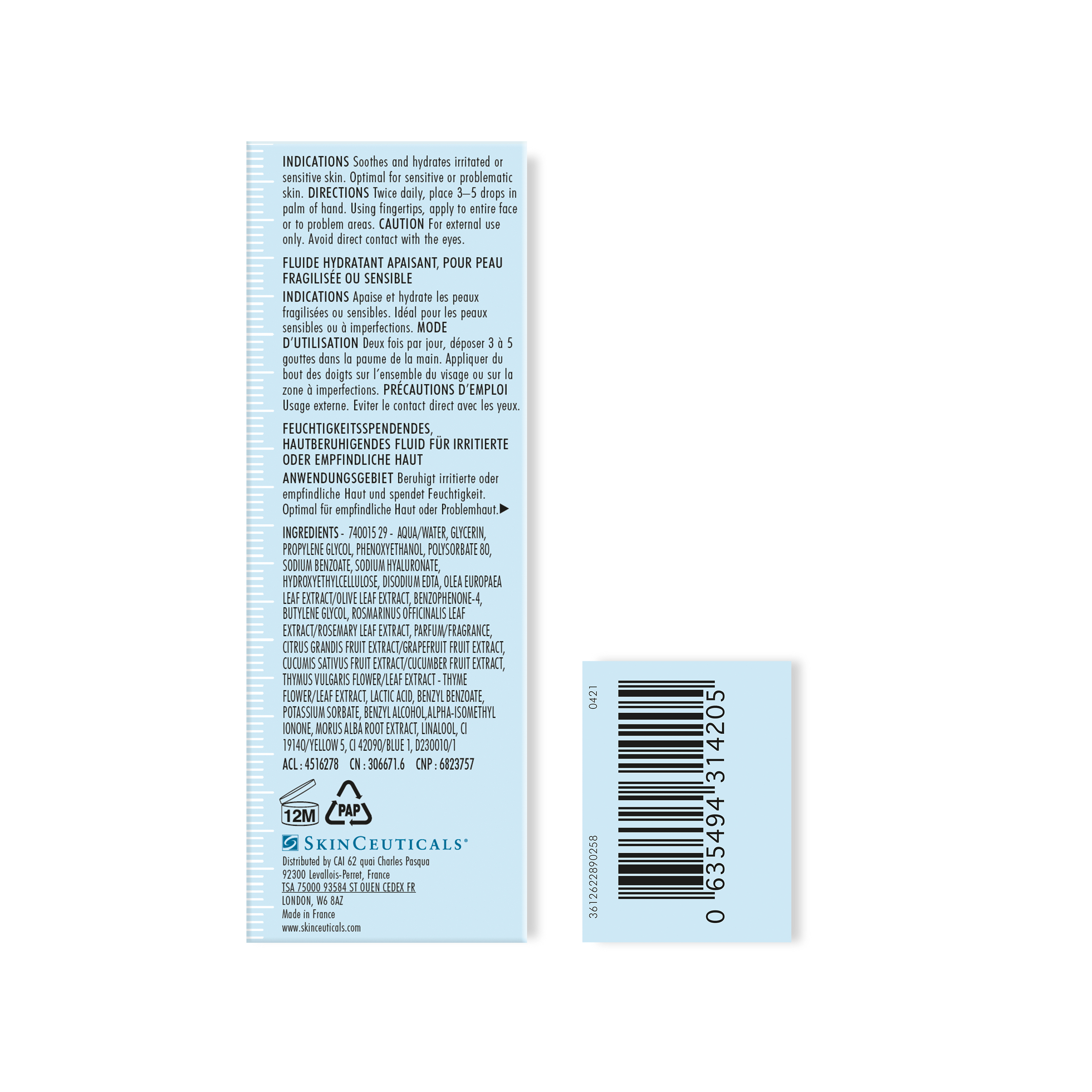 Back label of SkinCeuticals Phyto Corrective with text and a barcode on a white background