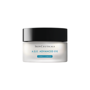 A jar of Skinceuticals A.G.E. Advanced Eye cream, which is a product designed to combat signs of aging and eye fatigue.