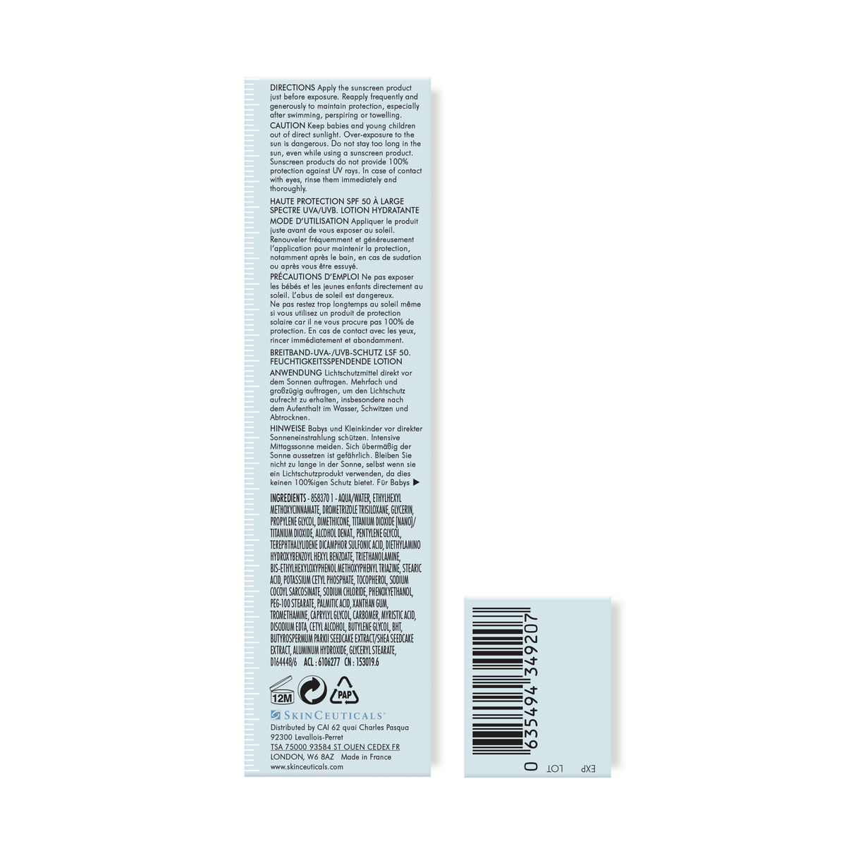 Back label of a skincare product with text and a barcode on a white background