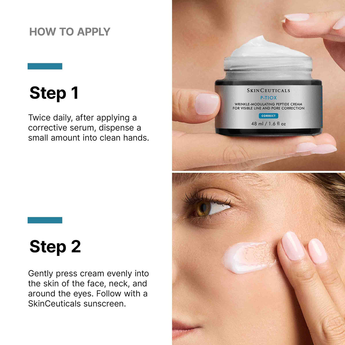 Step-by-step guide on applying SkinCeuticals E-Fix cream with text instructions.