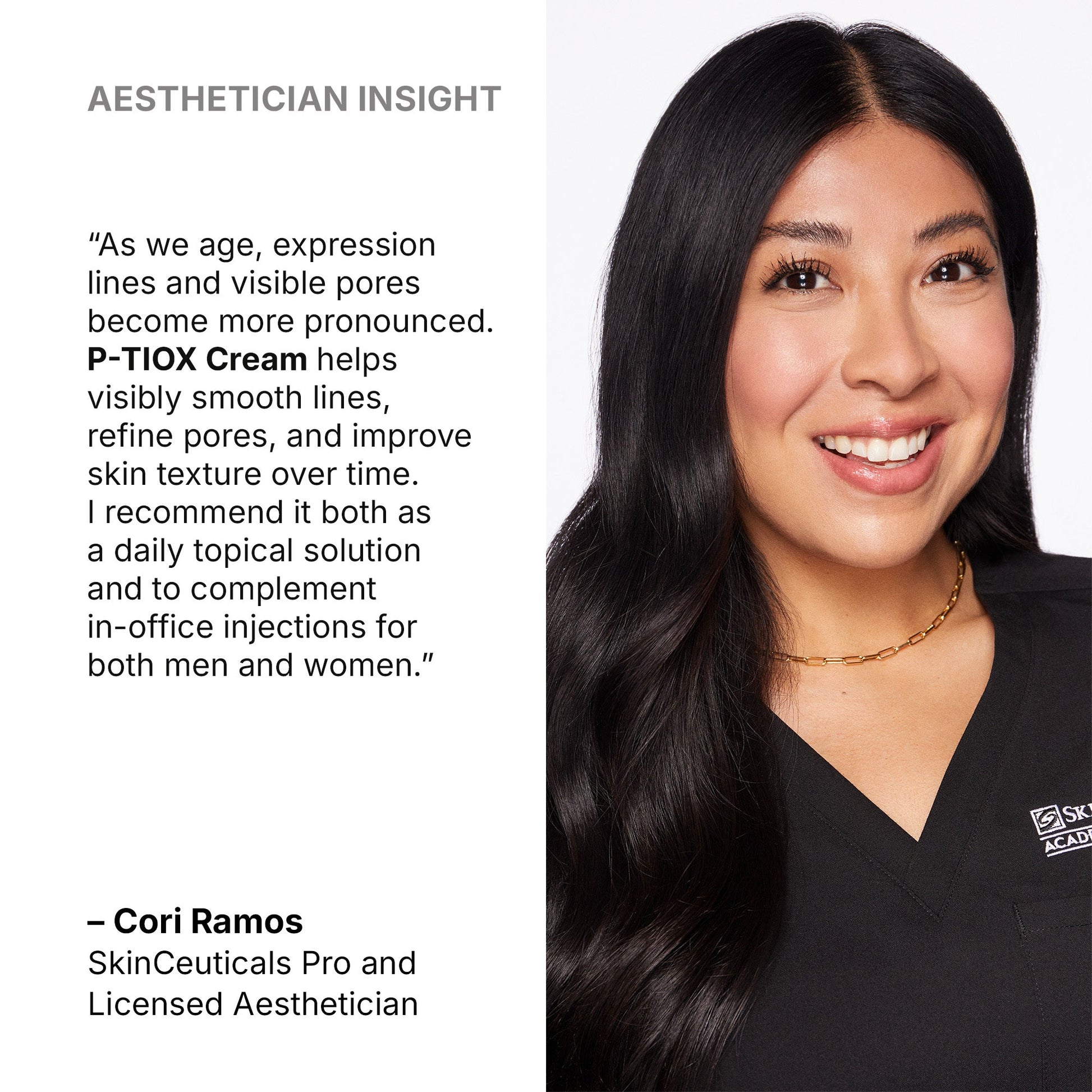 Woman with long dark hair wearing a black shirt with a SkinCeuticals logo, text about P-TIOX Cream, and Cori Ramos' quote.