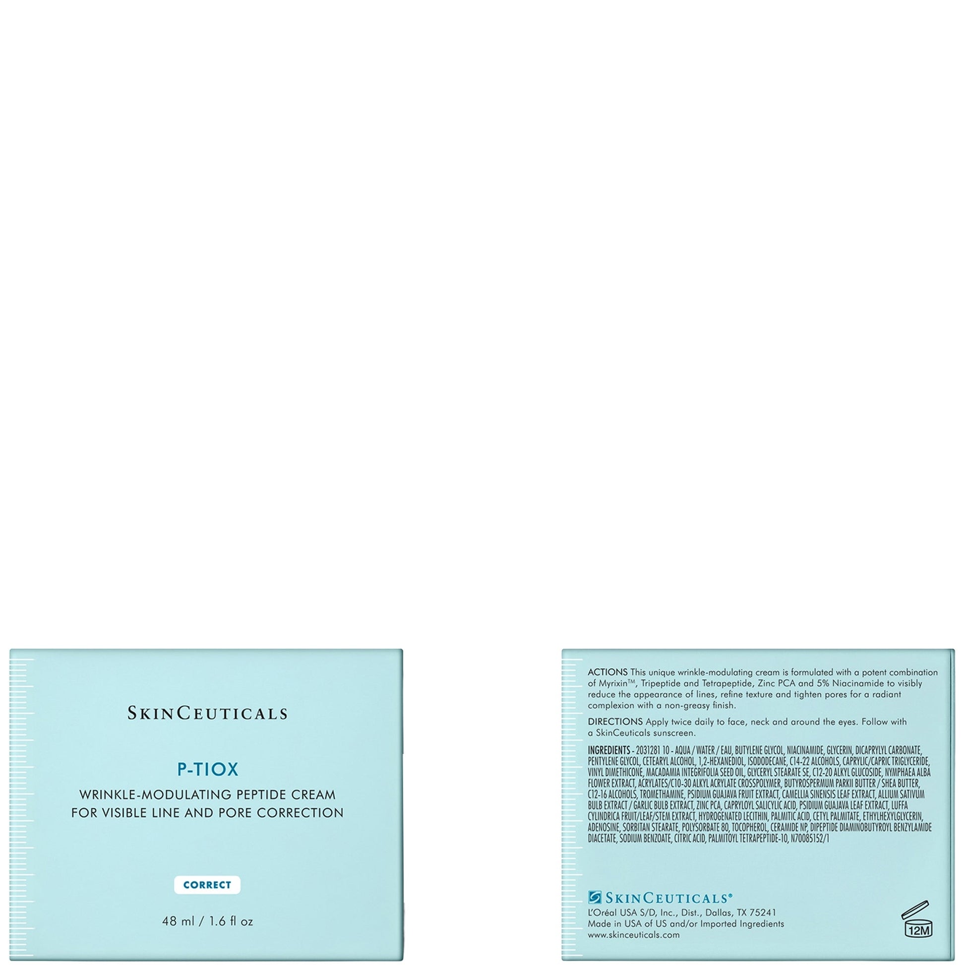 SkinCeuticals P-TIOX skincare product packaging with text on a white background