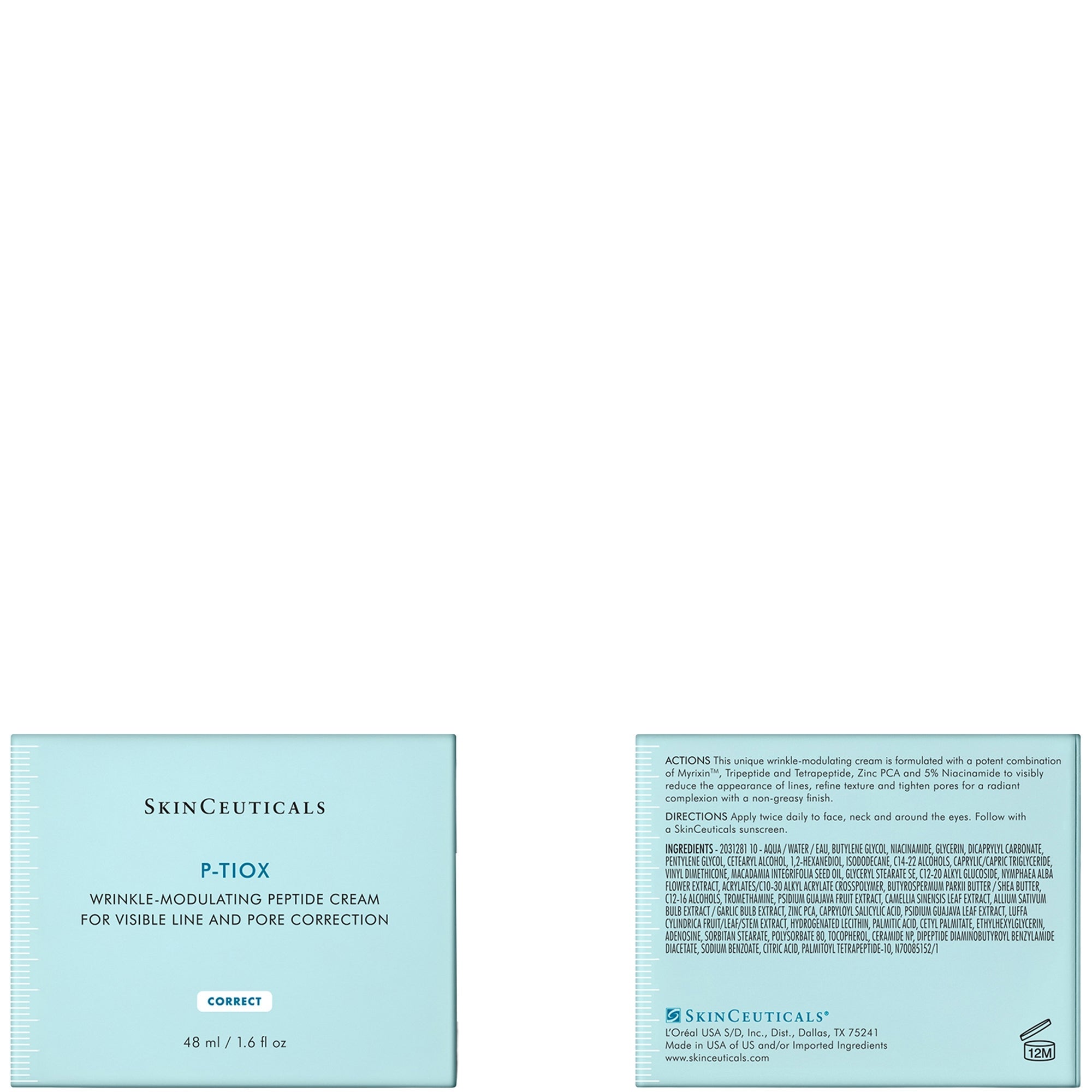SkinCeuticals P-TIOX skincare product packaging with text on a white background