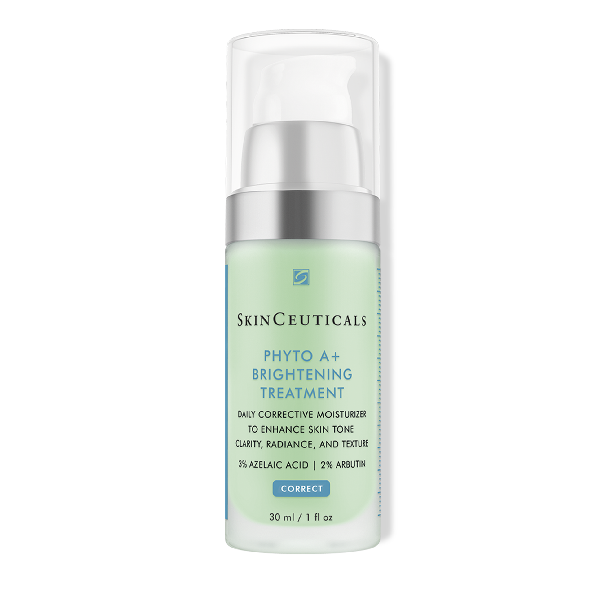 A pump bottle of Skinceuticals PHYTO A+ BRIGHTENING TREATMENT, a daily corrective moisturizer.