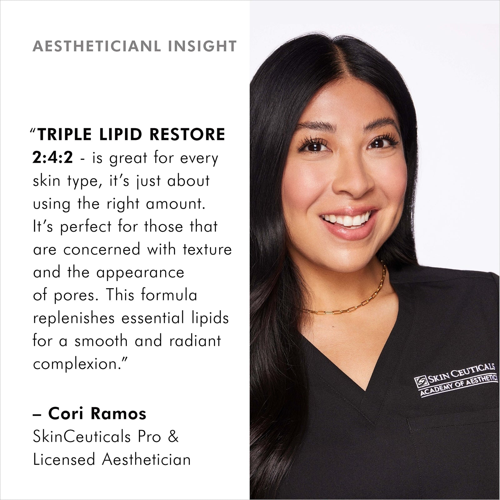 Woman in a black shirt with a SkinCeuticals logo, text about a skincare formula on the left.