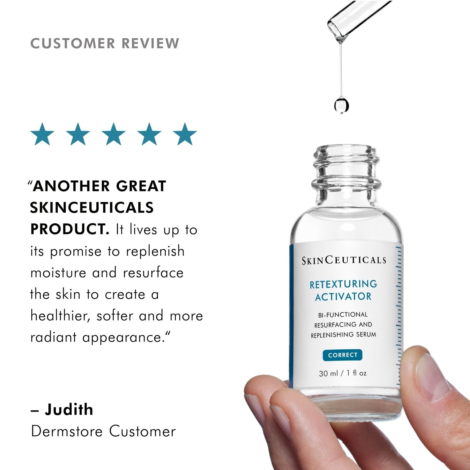 SkinCeuticals Retexturing Activator serum bottle with a five-star rating and customer review text.