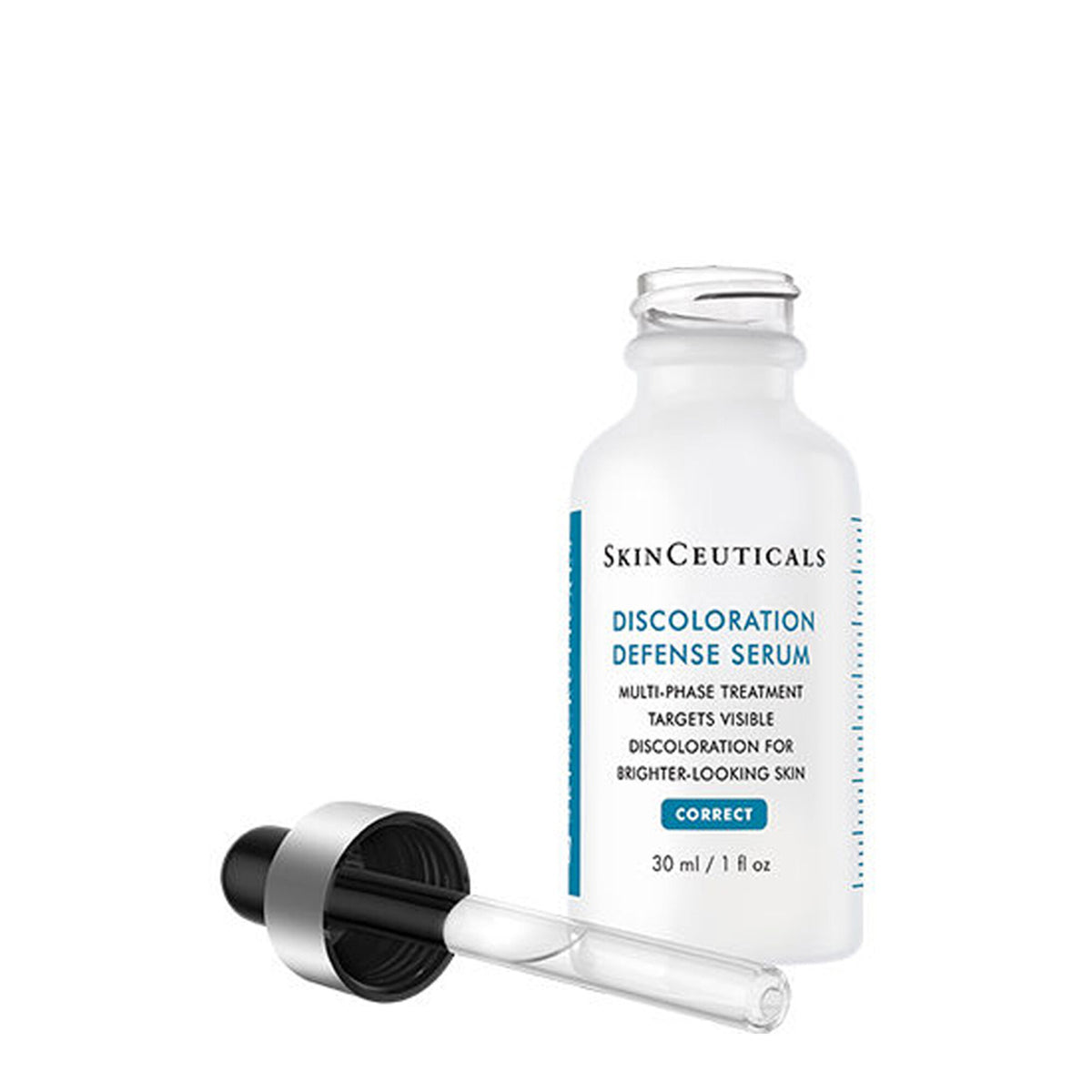 Discoloration Defense Serum bottle opened, with its dropper lying beside it