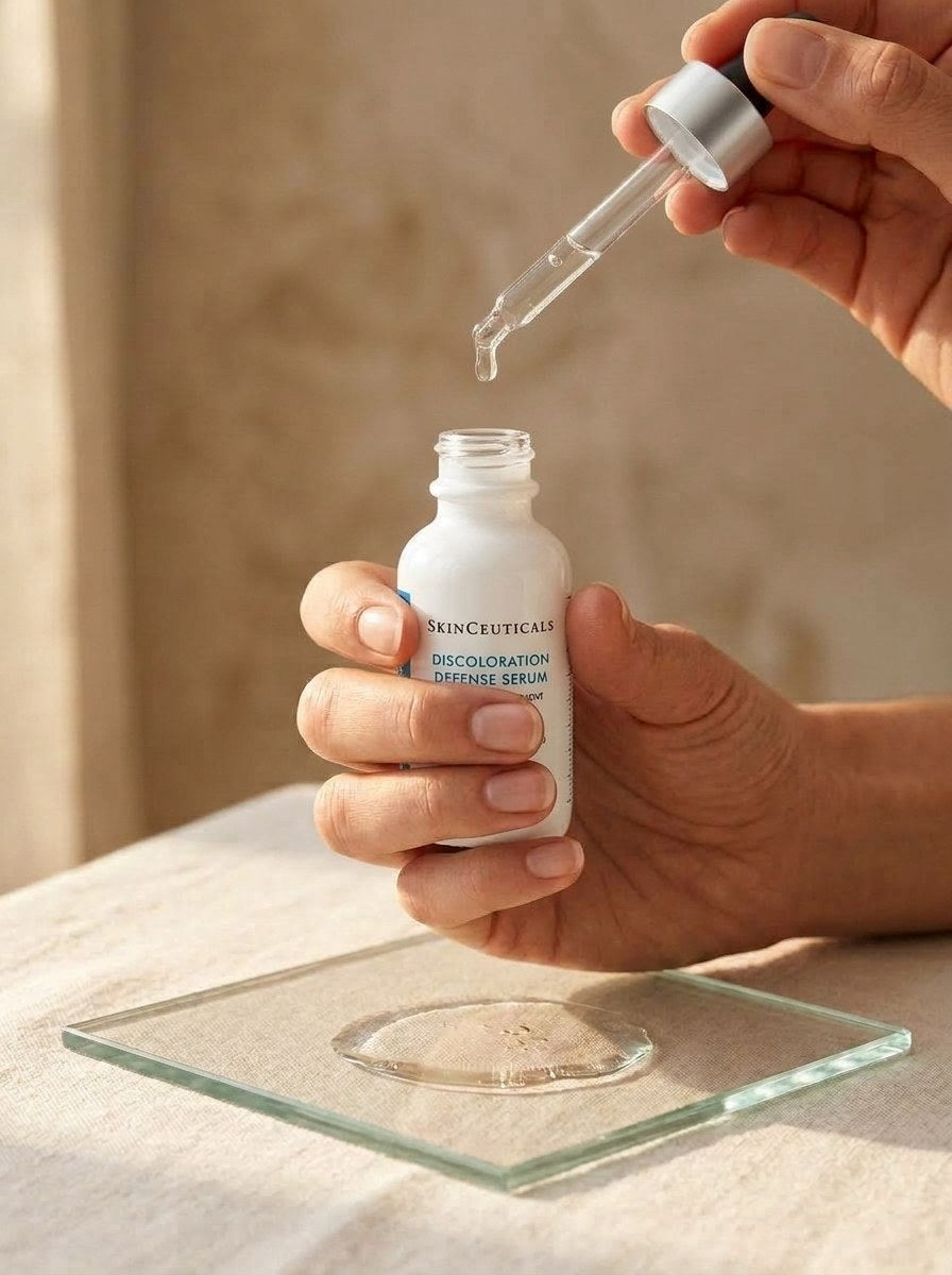 Hands dropping Discoloration Defense Serum from its pipette onto a glass plate
